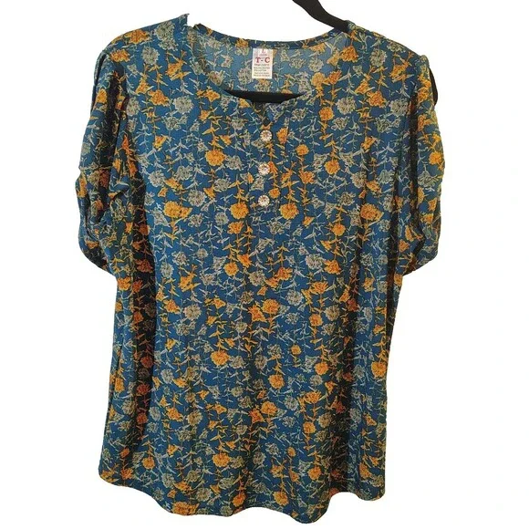 T-C Fashion women's size Large blouse multicolor print v-neck 3/4 sleeves - Picture 2 of 8